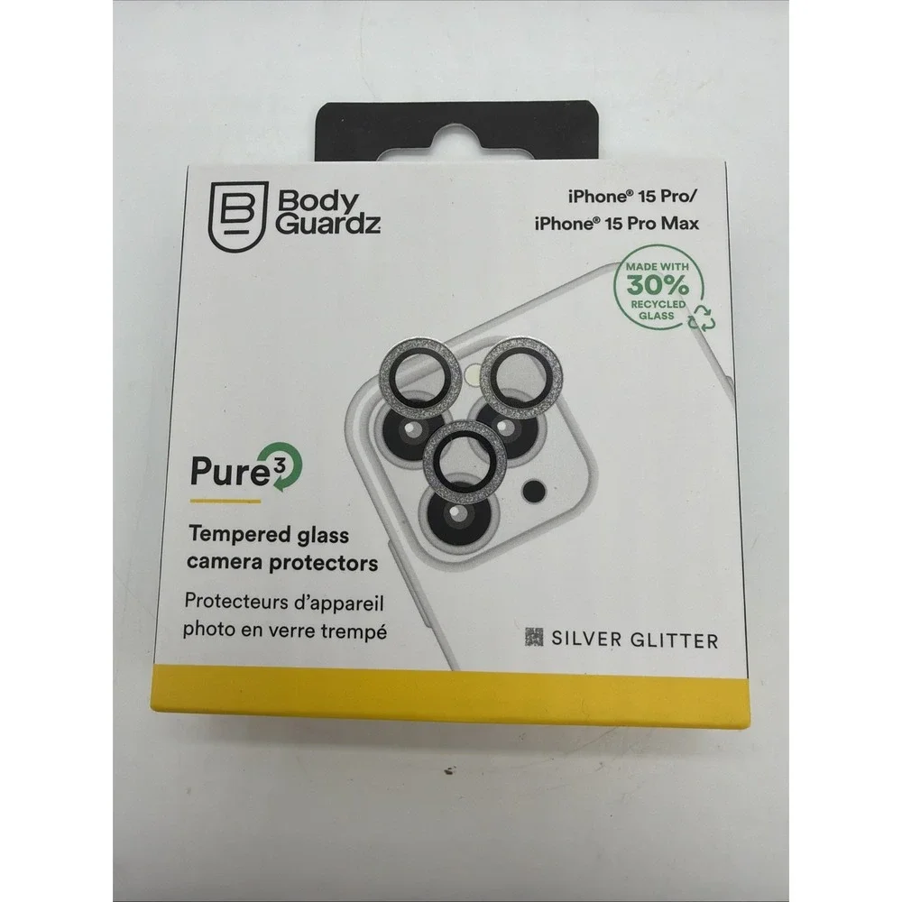 BodyGuardz Silver Glitter Tempered Glass Camera -iPhone 15 Pro/15 Pro Max
